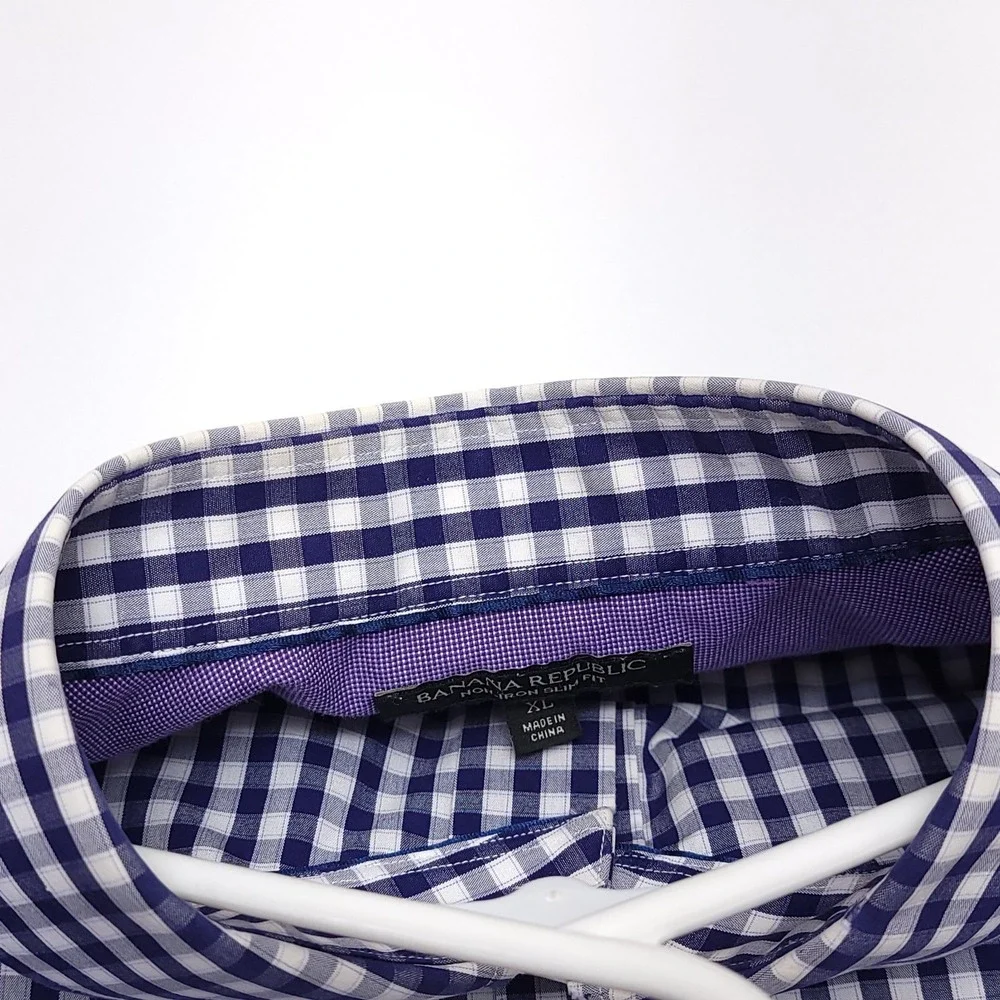 Banana Republic Mens XL Shirt Button Up Non Iron‎ Slim Fit Checked Blue READ